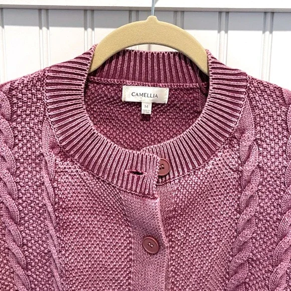 Camellia Cable Knit Cardigan Women Med Mauve Purple Cotton Balloon Sleeve Boho - Picture 3 of 9